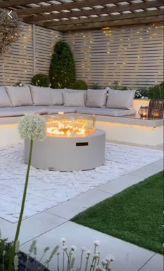 an outdoor fire pit surrounded by white flowers and grass with lights on the roof above it