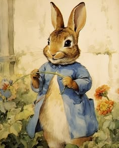 a watercolor painting of a rabbit in a blue dress holding a stick with flowers around it