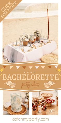 an image of a beach party with food on the table and umbrella in the background