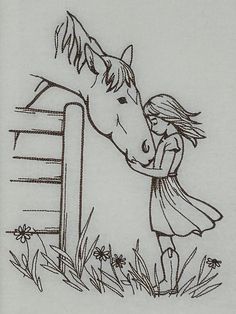 a drawing of a girl petting a horse in front of a fence with flowers