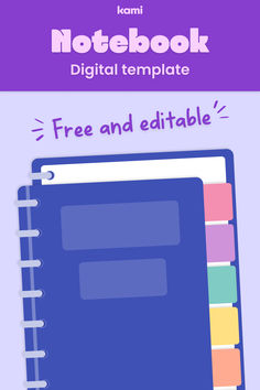 a notebook with the text free and editable on it, in front of a purple background