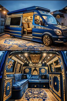 the inside and outside view of a blue bus with gold trimmings on it