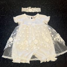 Princess Daliana White Christening With Matching Headband Rompers Underneath Beautiful Lace Detail White Dress-up Sets For Spring, Spring Dress-up Sets In White, Pretty In Pink Dress, Class Dress, Ralph Lauren Baby Girl, Cable Knit Dress, Floral Ruffle Dress, Dresses Princess, Lauren Conrad Dress