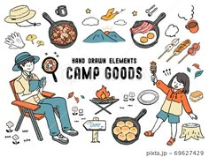 hand drawn elements for camp goods with people sitting around the campfire and cooking food