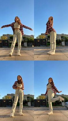 four photos of a woman doing different poses on the street with her arms outstretched and legs spread out