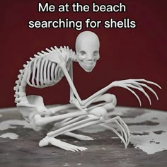 a skeleton sitting on top of a table with the caption me at the beach searching for shells