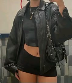 Leather Jacket Mini Dress, Insta Baddie Aesthetic Outfits, Black Oversized Leather Jacket Outfit, Oversized Leather Jacket Outfits Street Styles, Black Leather Top Outfit, Party Fits Baddie, Edgy Going Out Outfit, All Black Night Out Outfit, Zef Style