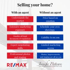 two red and blue signs that say selling your home with an agent, without an agent