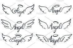 six angel wings with the word angel written in different font styles and colors on them