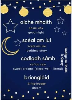 a blue and white poster with gold stars, crescents and moon on the night sky