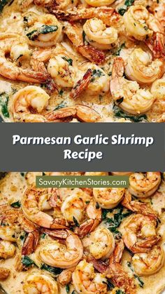 a pan filled with garlic shrimp and spinach