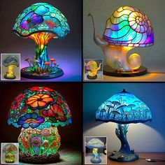 four different types of lamps that have been made to look like mushrooms