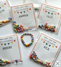 these bracelets are made with beads and have name tags on them