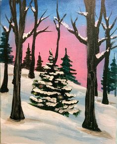 a painting of trees in the snow at sunset