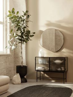 a living room with a round rug, mirror and potted plant in the corner