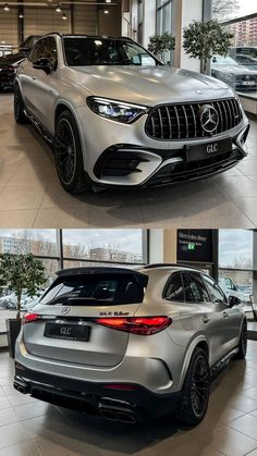 two different views of the front and rear end of a mercedes suv in a showroom