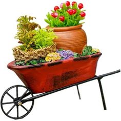 a wheelbarrow filled with flowers and plants