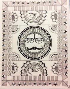 a drawing of a face with an ornate design on the front and back side of it