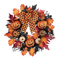 a wreath with pumpkins and leaves on the front door to decorate it for halloween