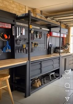 an organized workbench in a garage with lots of tools and accessories on the shelves