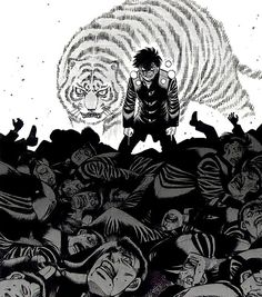 a black and white drawing of a tiger surrounded by people