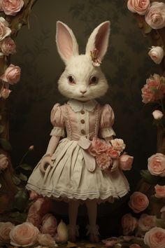 a white rabbit in a dress surrounded by roses