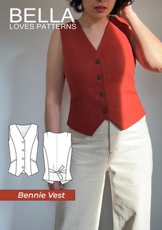 a woman wearing a red vest and white pants