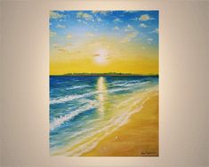 a painting of the sun setting over the ocean