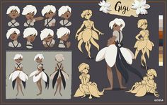 an animation character sheet with various poses and hair styles for the animated film gyi