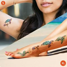 a woman with tattoos on her legs and feet sitting next to an image of a turtle