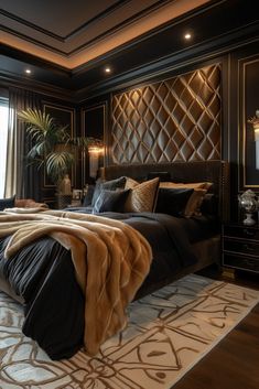 a large bed sitting next to a window in a bedroom under a chandelier