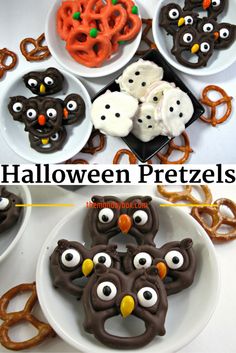 halloween pretzels are arranged on plates and decorated with googly eyes, owls, and pretzels