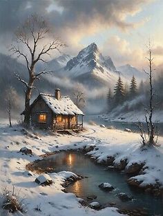 a painting of a cabin in the snow