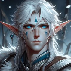 a close up of a person with white hair and blue eyes wearing an elf costume