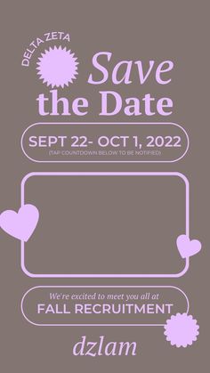 the save the date flyer is shown in purple and white, with hearts on it