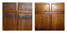 an old wooden cabinet with metal handles and knobs