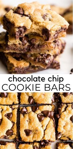 chocolate chip cookie bars stacked on top of each other with the words, chocolate chip cookie bars