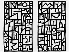 two black and white abstract paintings with different letters on each one, the other is drawn by hand