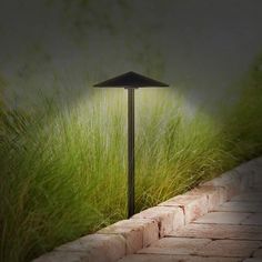 a light that is on in the grass by some bricks and grass growing behind it