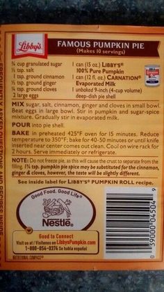 the back of a pumpkin pie box with information about it's ingredients and instructions