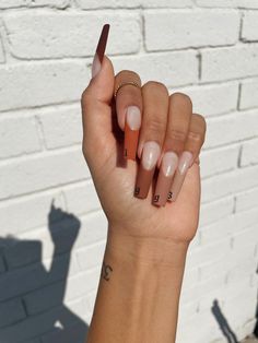 Brown French Tip, Brown Acrylic Nails, Brown French, Drip Nails, Edgy Nails, Boujee Outfits, Glow Nails, Long Acrylic Nails Coffin, Exotic Nails