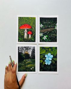 four pictures of mushrooms and flowers are shown on a white surface with a person's hand holding a pen