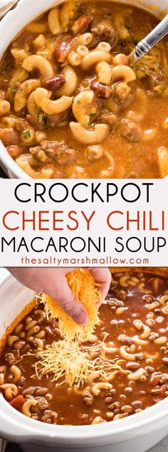 crockpot cheesy chili macaroni soup in a white bowl