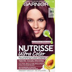 Garnier Nutrisse Ultra Color Nourishing Hair Color Creme delivers up to 8 weeks of bold ultra vibrant fade resistant color in just one step. For all hair textures and even on dark bases with NEW Color Bond technology that helps the dyes penetrate your hair fiber. Garnier Nutrisse is the only hair color creme with a separate ampoule of grapeseed oil that you snap and pour directly into your mix. Lock in moisture and color with our after-color mask infused with five oils avocado, olive, coconut, a Garnier Nutrisse Hair Color, Pelo Color Borgoña, Pelo Color Vino, Dark Burgundy Hair, Burgundy Hair Dye, Garnier Hair Color, Excel Tips, Dyed Red Hair, Violet Hair