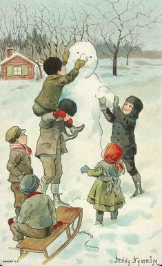 children playing with a snowman in the snow