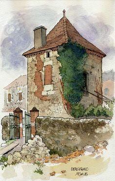 a painting of an old brick building with vines growing out of the roof and windows