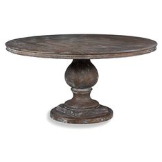 a round wooden table with an iron base and wood grain on the top, against a white background