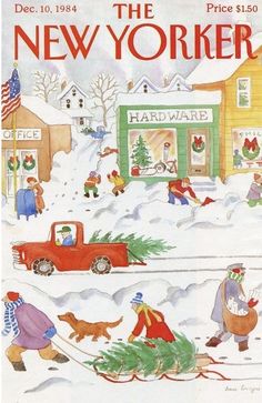 the new yorker magazine cover shows children playing in the snow and pulling a christmas tree