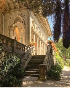 an old building with stone steps leading up to the front door and flowers growing on the balcony