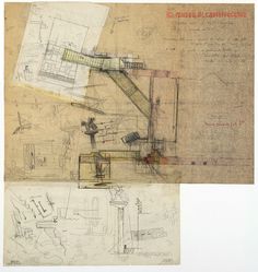 some drawings are shown on top of a piece of paper that has been altered to look like an architectural drawing